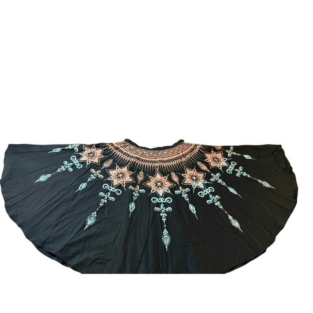 ANGIE Black Boho Mandala Print Maxi Skirt with Sequin Accents and Full Sweep L